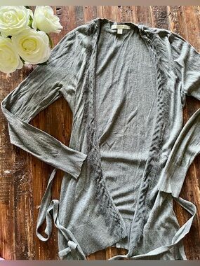 LC Lauren Conrad Gray Open Cardigan sweater with frayed jeweled Trim Sz M